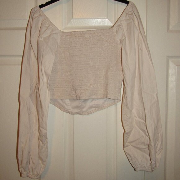 Japna Size L 100% Cotton Off Shoulder Long Sleeve Crop Top Light Tan - Picture 2 of 5